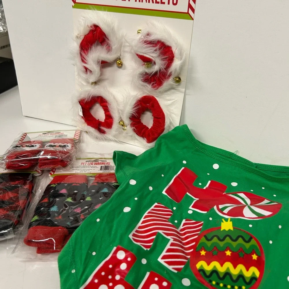 HOLIDAYS DOG BUNDLE, LEG WARMERS, JINGLE BELL SANTA ANKLETS & OUTFIT (HO HO HO)